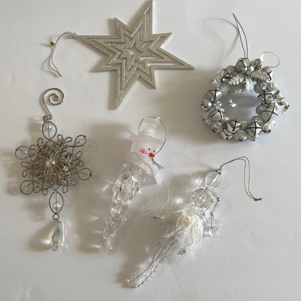 Silver Christmas Ornaments Set Star Snowflake Jingle Bell Angel Snowman 5‎